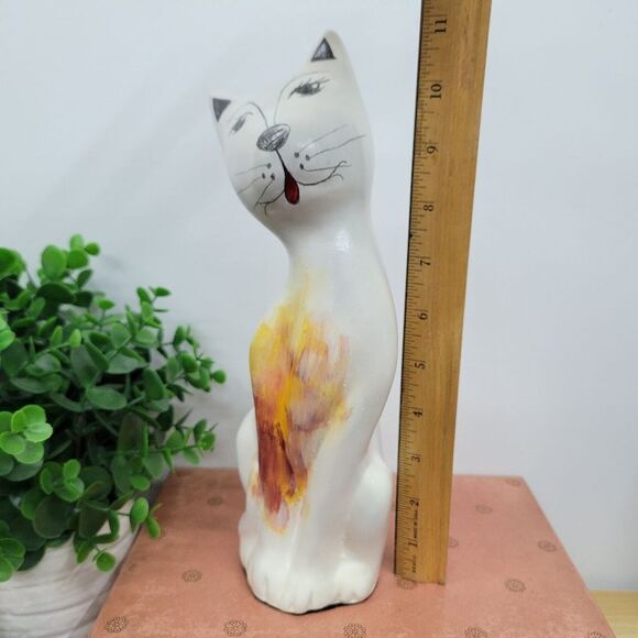 Vintage Tall Cat Figurine in White Glazed Ceramic Mid  Unique & Rare Abstract 11\